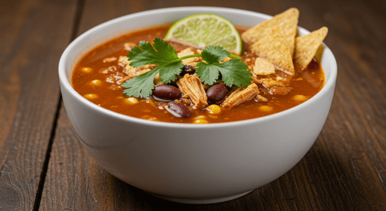 Halal chicken taco soup in a bowl with cilantro and lime, side view