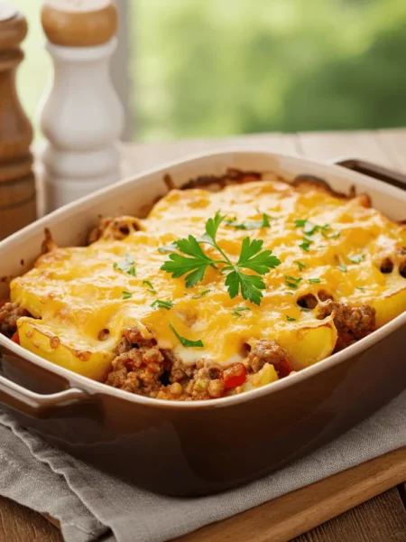 Cheesy hamburger potato casserole baked in a dish with golden bubbly cheese.