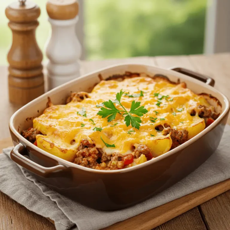 Cheesy hamburger potato casserole baked in a dish with golden bubbly cheese.