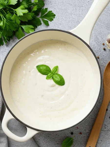 Cream Sauce Base HelloFresh Recipe in a white saucepan with herbs