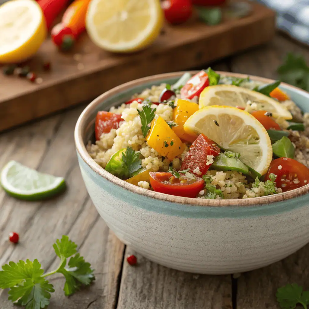 Side view of a colorful lemon herb quinoa bowl garnished with fresh herbs and lemon wedges in a rustic ceramic bowl.
