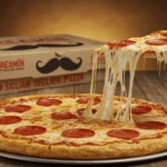 Screamin Sicilian Pizza hot and ready with melted cheese and signature box on rustic table