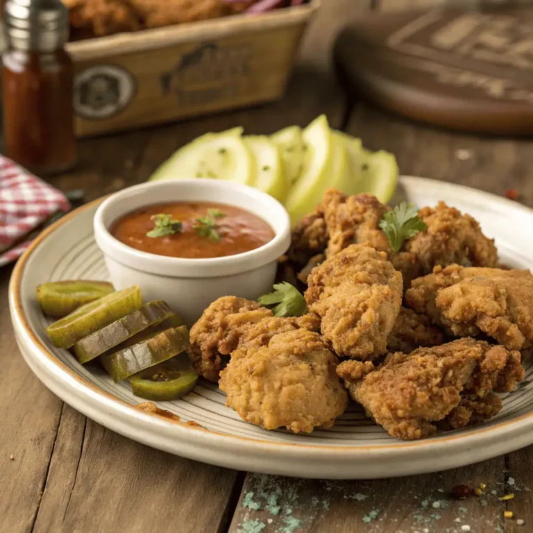 Southern fried chicken livers served on a rustic plate with pickles and dipping sauce, golden and crispy side view