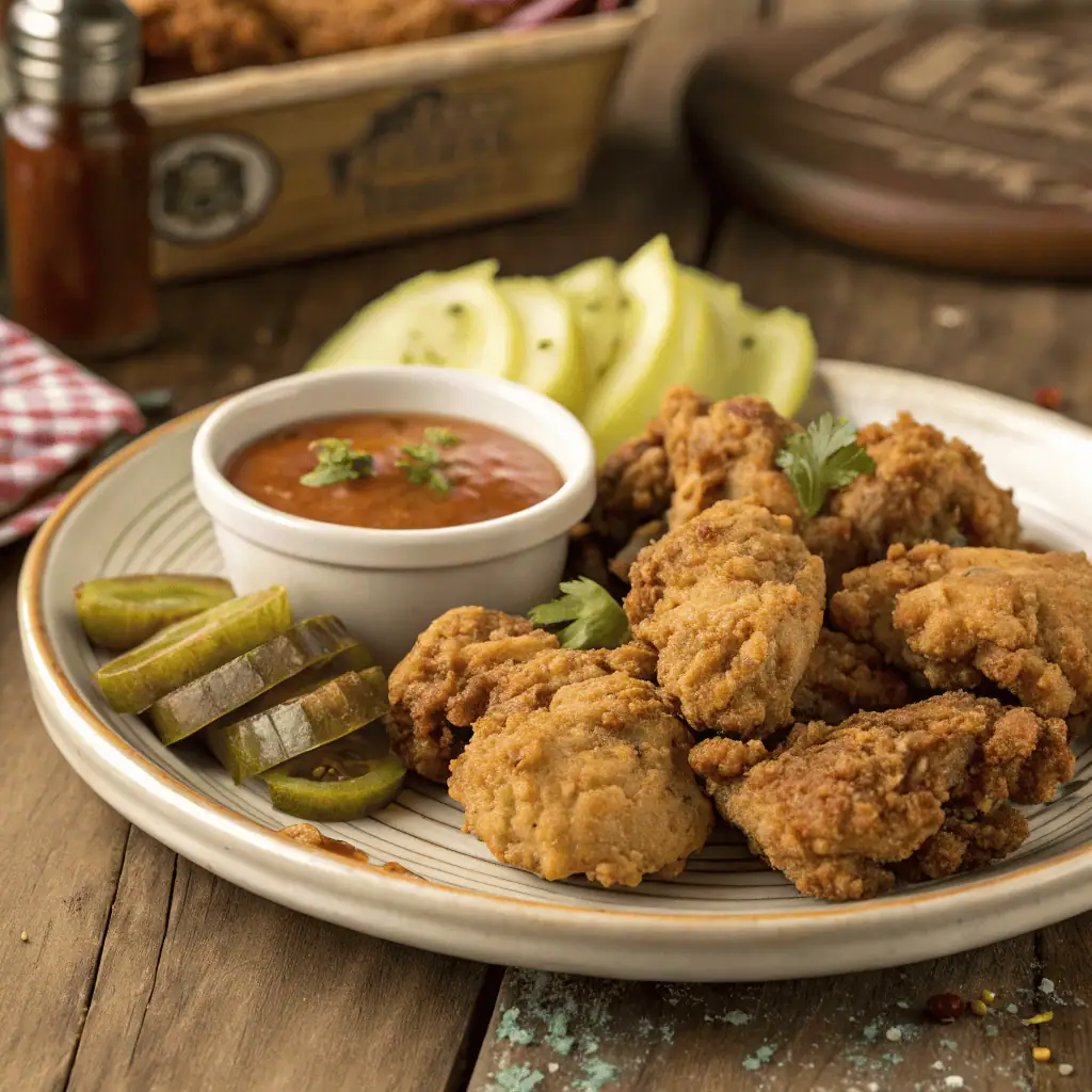 Southern fried chicken livers served on a rustic plate with pickles and dipping sauce, golden and crispy side view