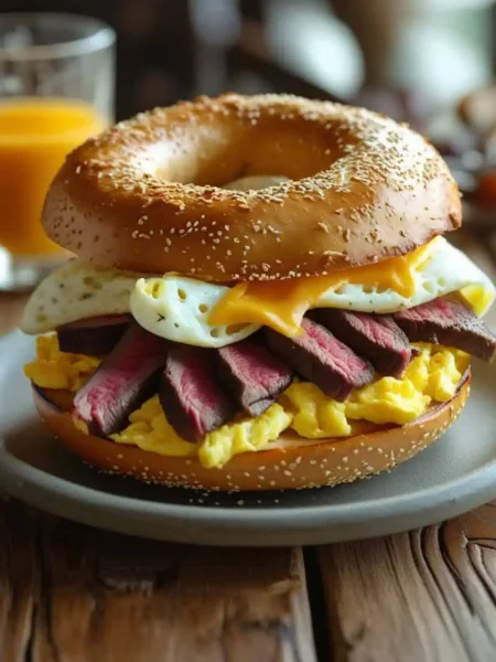 Gourmet steak egg and cheese bagel stacked on a breakfast table with melted cheese and fluffy eggs.