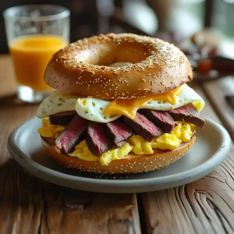 Gourmet steak egg and cheese bagel stacked on a breakfast table with melted cheese and fluffy eggs.