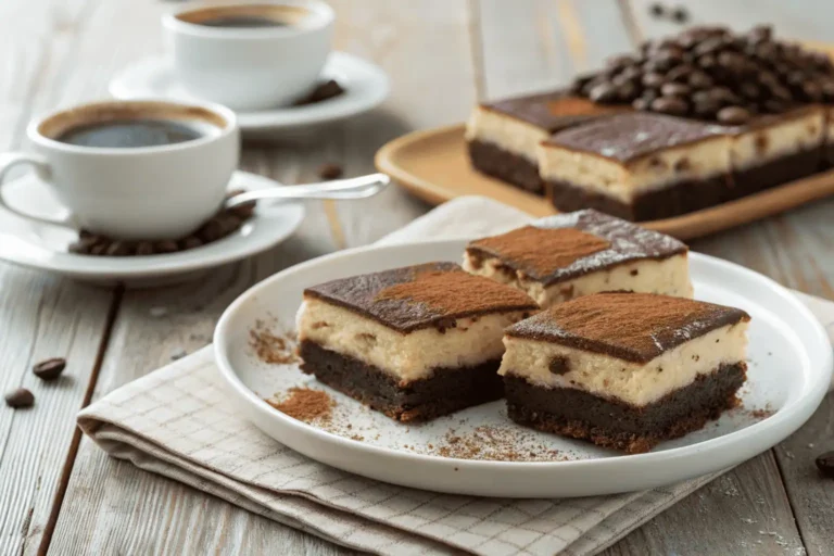 A plate of tiramisu brownies with a cocoa-dusted mascarpone layer and fudgy chocolate base, served with espresso beans and a cup of coffee on a rustic wooden table