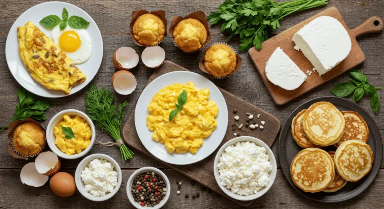 Cottage Cheese and Eggs Recipe – Healthy protein-packed breakfast dishes on a rustic table