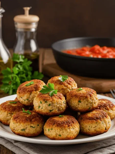 Plate of cooked Amylu Chicken Meatballs garnished with parsley on a rustic kitchen counter.