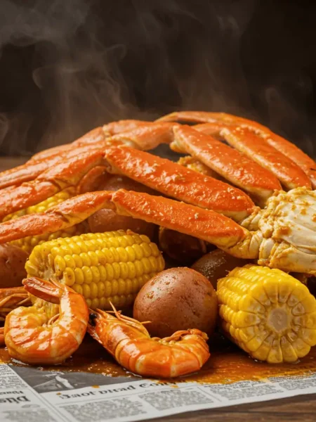 Side view of seafood boil with crab legs, shrimp, corn, and potatoes on a table