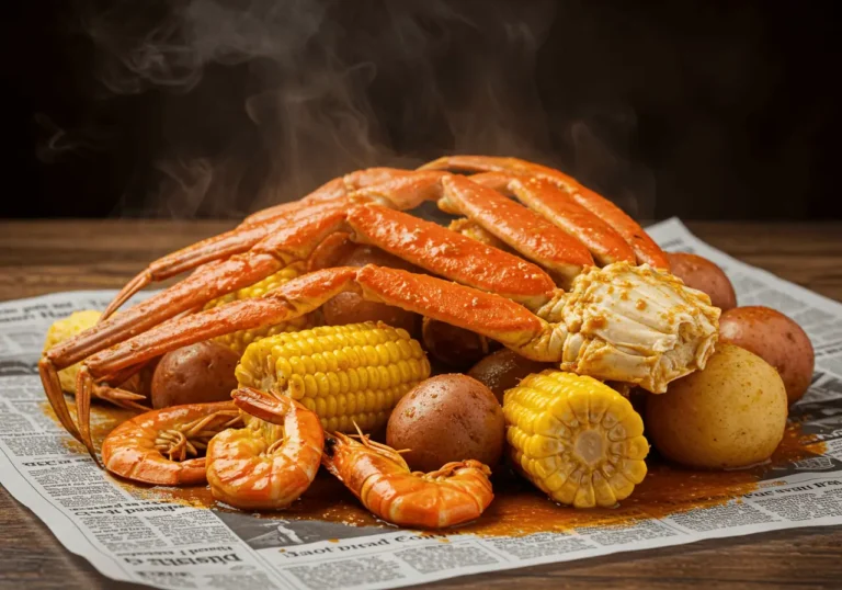 Side view of seafood boil with crab legs, shrimp, corn, and potatoes on a table