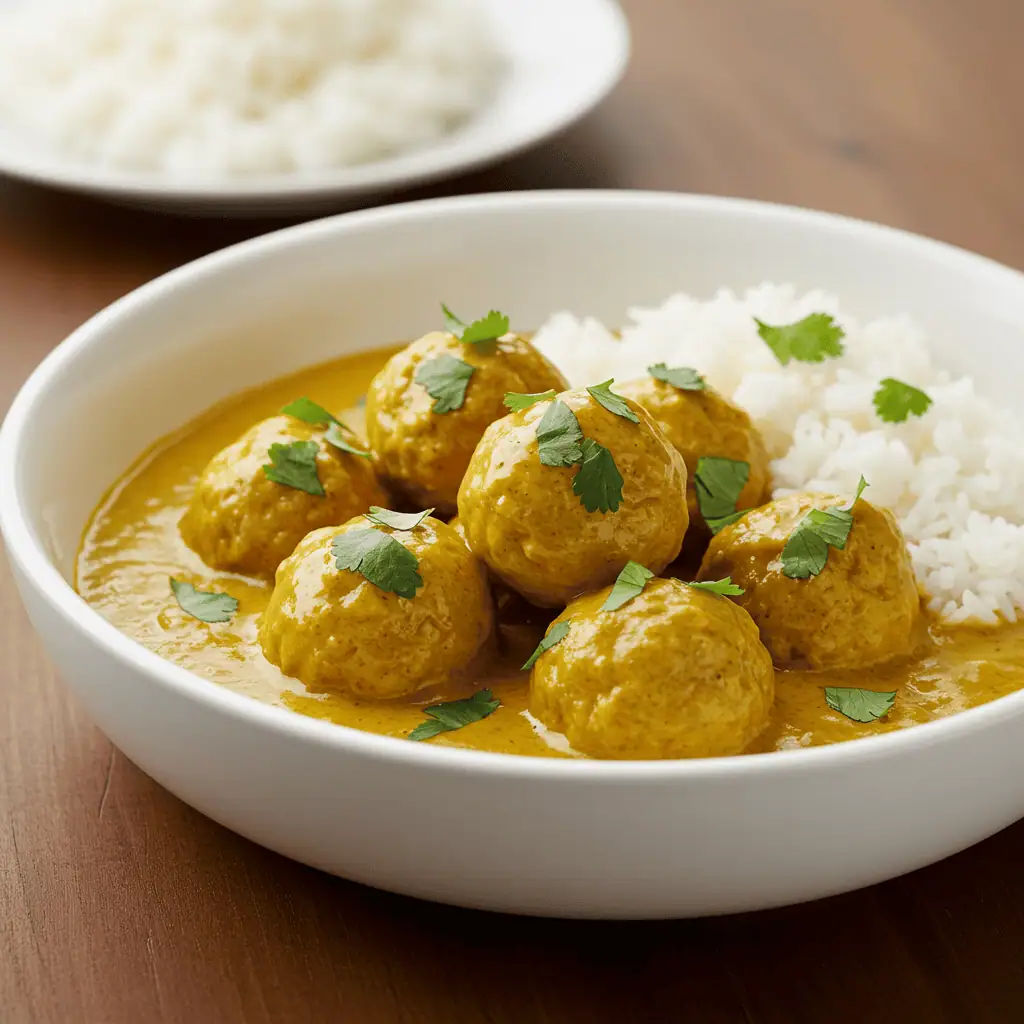 Chicken Meatballs in Coconut Curry Sauce 6 Chicken meatballs in creamy coconut curry sauce served in a bowl with rice.