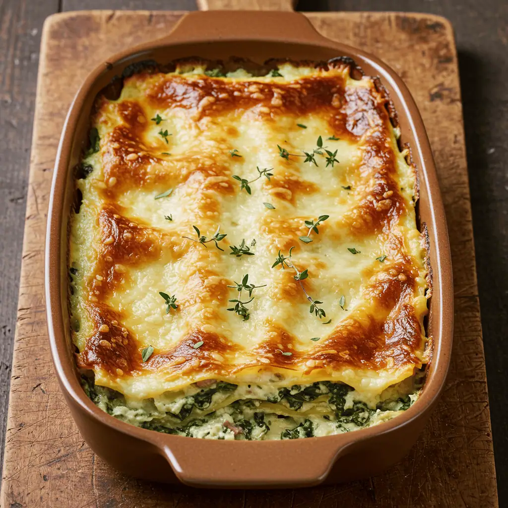 Creamy Spinach Lasagna at Home 8 Freshly baked creamy spinach lasagna with golden cheese topping in a ceramic dish