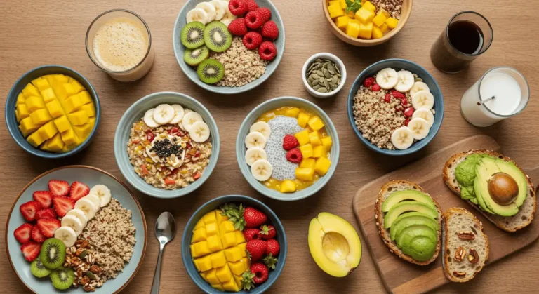 A colorful spread of gluten dairy egg free breakfast recipes including avocado toast, chia pudding, and fresh fruits on a rustic table