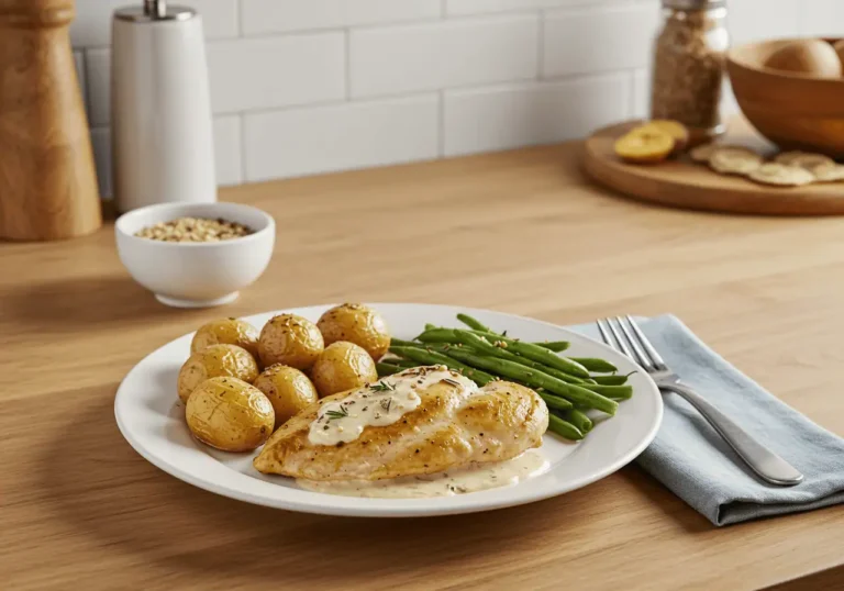 Creamy garlic chicken with roasted potatoes and green beans on a white plate