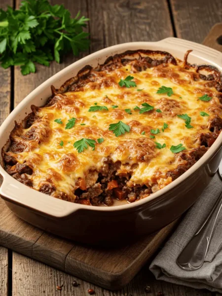 Keto beef casserole baked to golden perfection in a rustic ceramic dish.