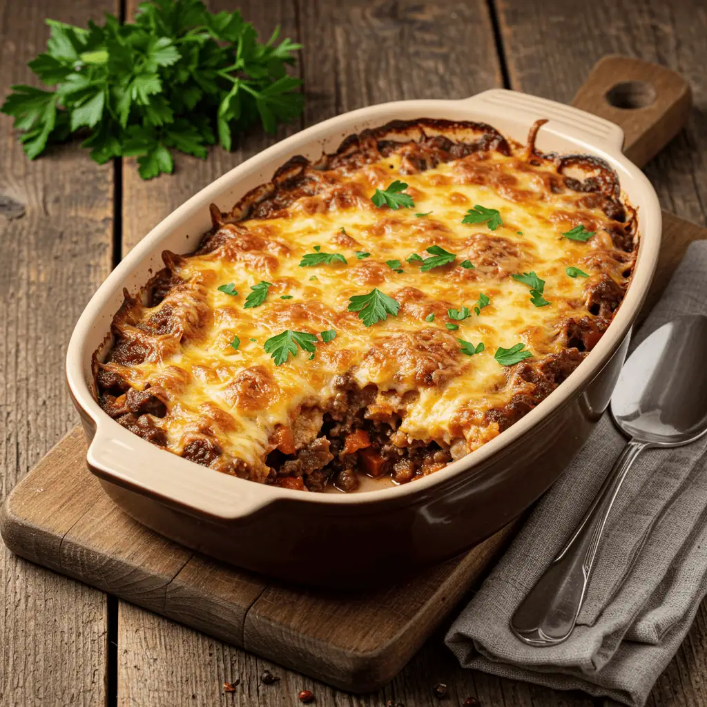 Keto Casserole Recipes with Beef 10 Keto beef casserole baked to golden perfection in a rustic ceramic dish.