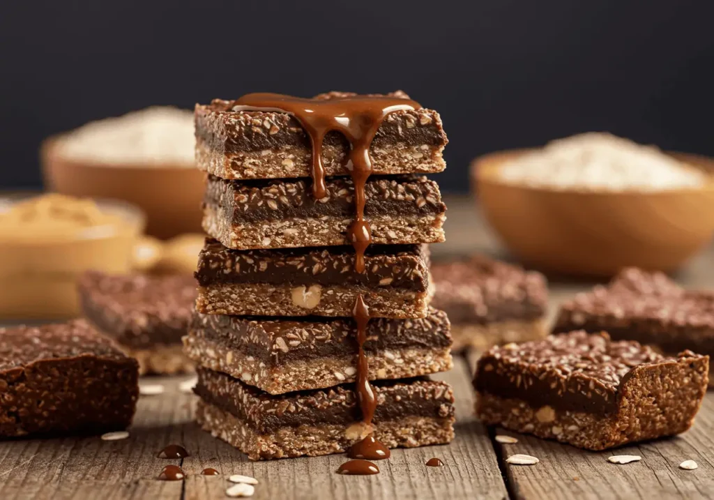 No-Bake Chocolate Oat Bars 10 Stack of gooey no-bake chocolate oat bars with oats and peanut butter in the background