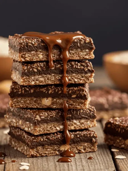 Stack of gooey no-bake chocolate oat bars with oats and peanut butter in the background