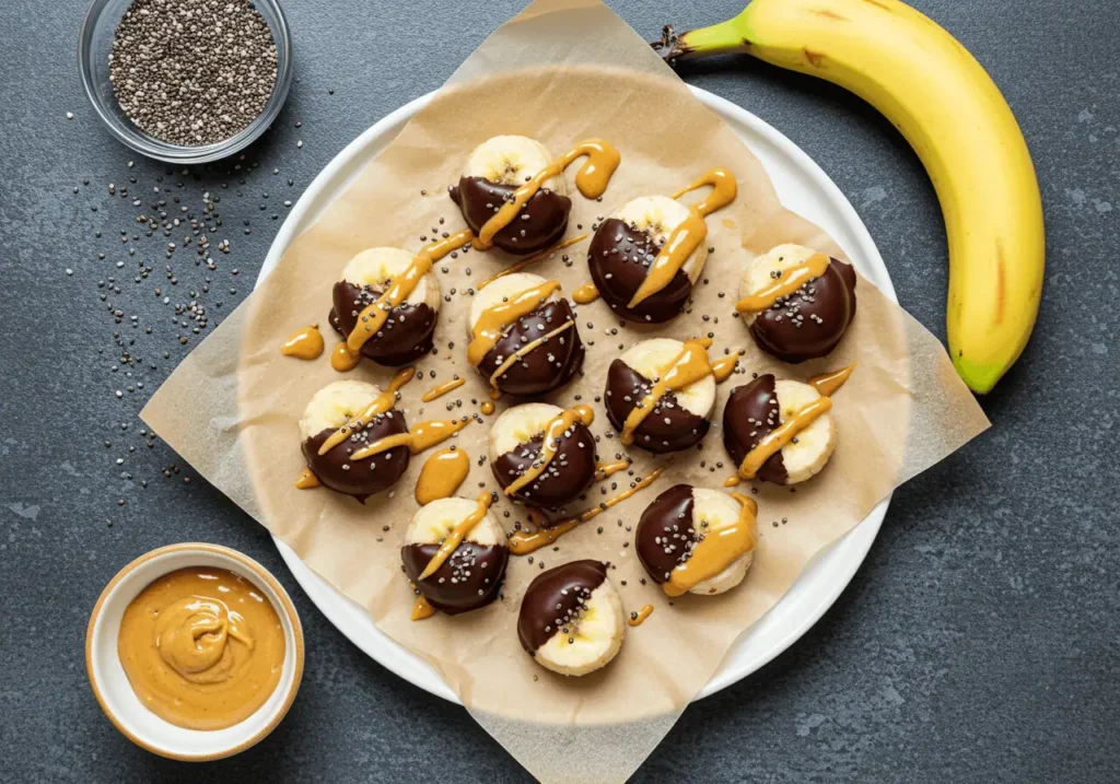 Peanut Butter Banana Bites 10 Frozen peanut butter banana bites served on a white plate with a drizzle of peanut butter