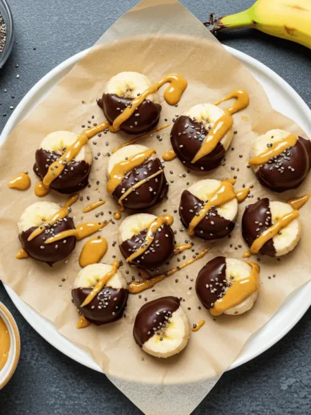Frozen peanut butter banana bites served on a white plate with a drizzle of peanut butter