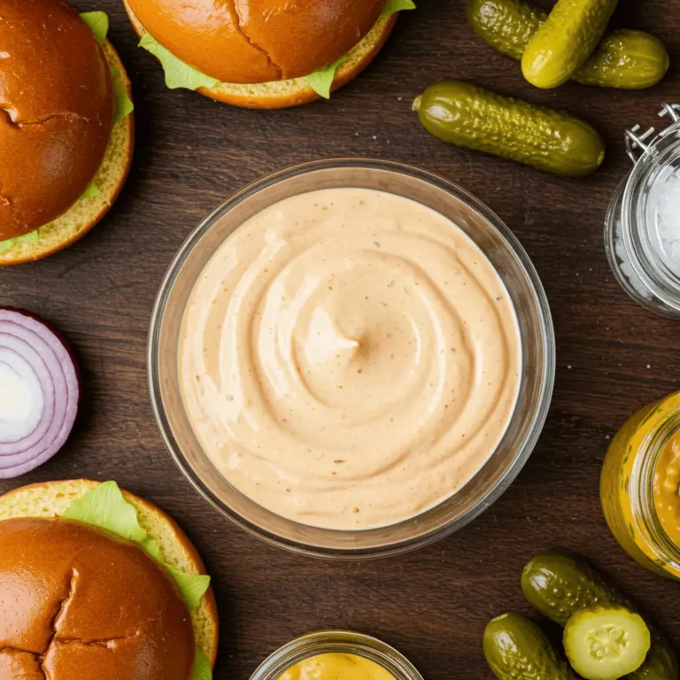 Smash burger sauce in a bowl with burger ingredients around it