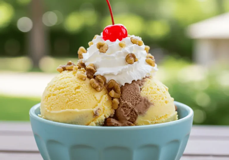A side view of a scoop of banana split ice cream in a bowl topped with whipped cream and a cherry