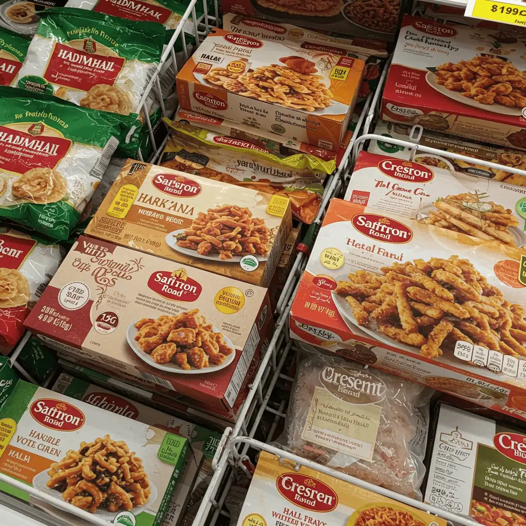 Transform Your Shopping Experience: Halal Foods Now Available 3 Frozen halal food brands in a U.S. supermarket freezer