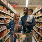Muslim family checking halal food labels in U.S. supermarket