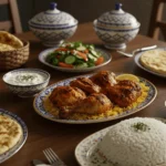 halal dinner spread with grilled chicken and rice