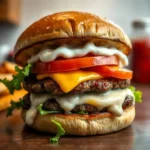 halal smash burger close-up with toppings and white sauce