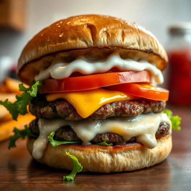 halal smash burger close-up with toppings and white sauce