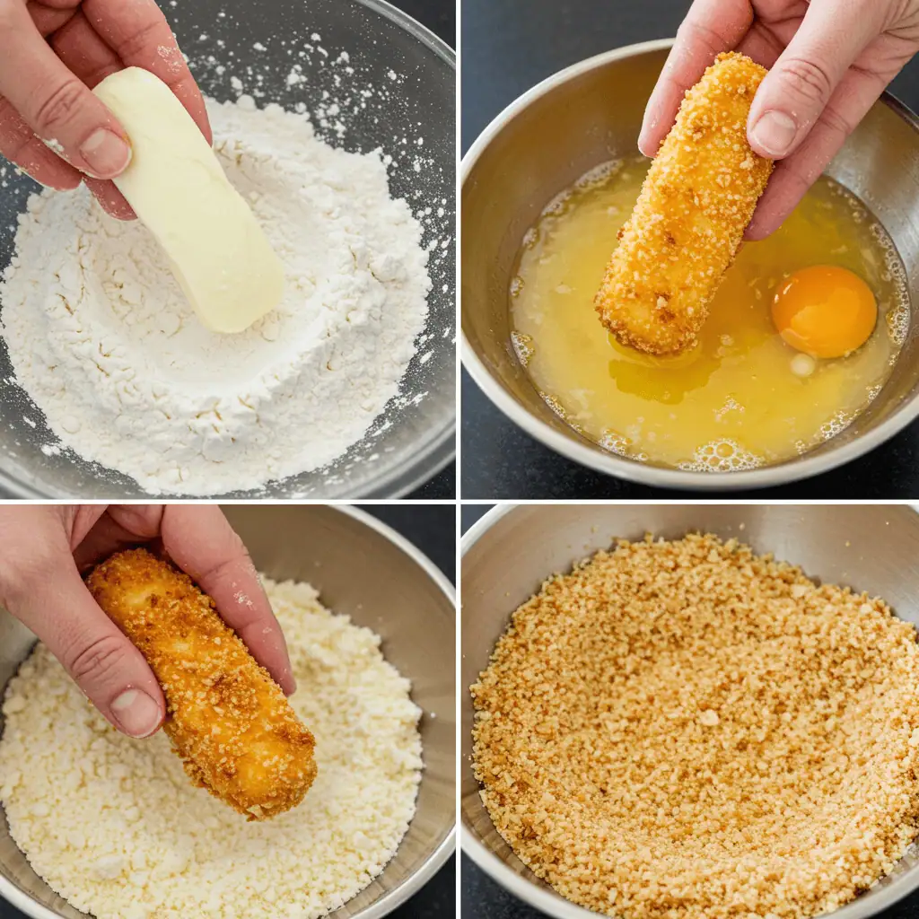 Breading process for homemade organic mozzarella sticks