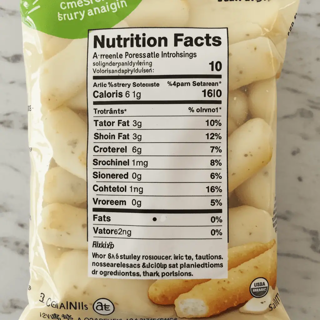 Nutritional profile of organic mozzarella sticks packaging