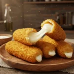 Organic mozzarella sticks baked and golden brown on a rustic plate
