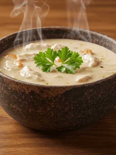 Warm bowl of keto creamy chicken soup served fresh in rustic dishware