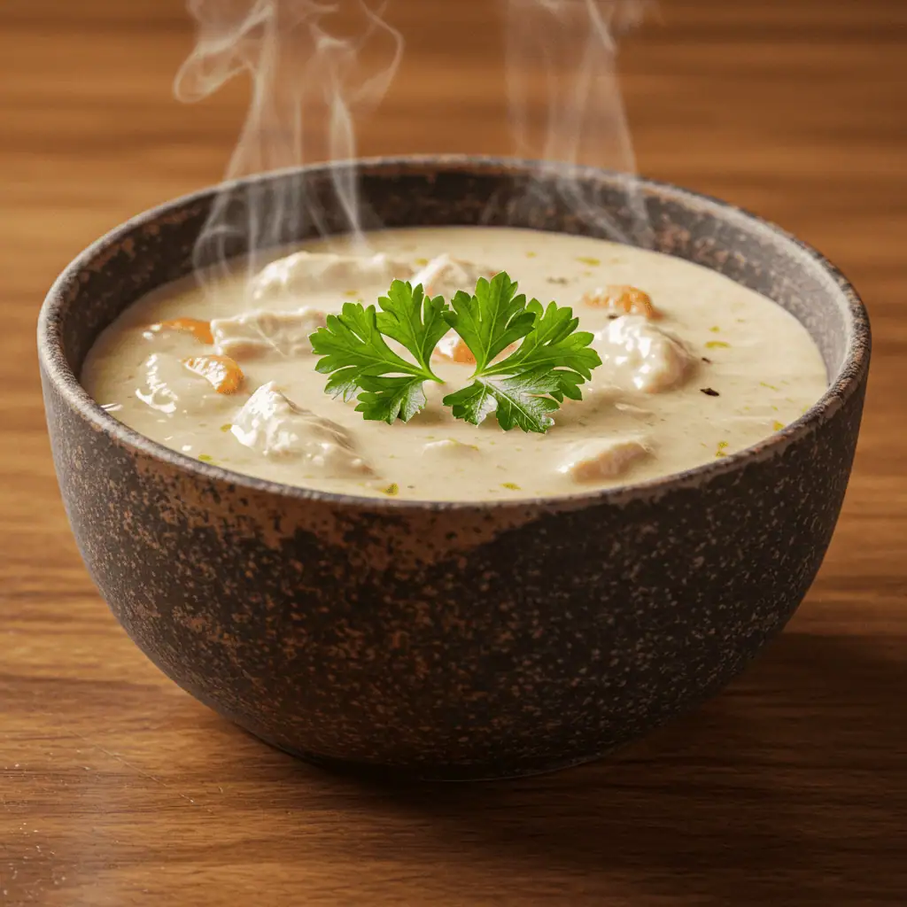 Warm bowl of keto creamy chicken soup served fresh in rustic dishware