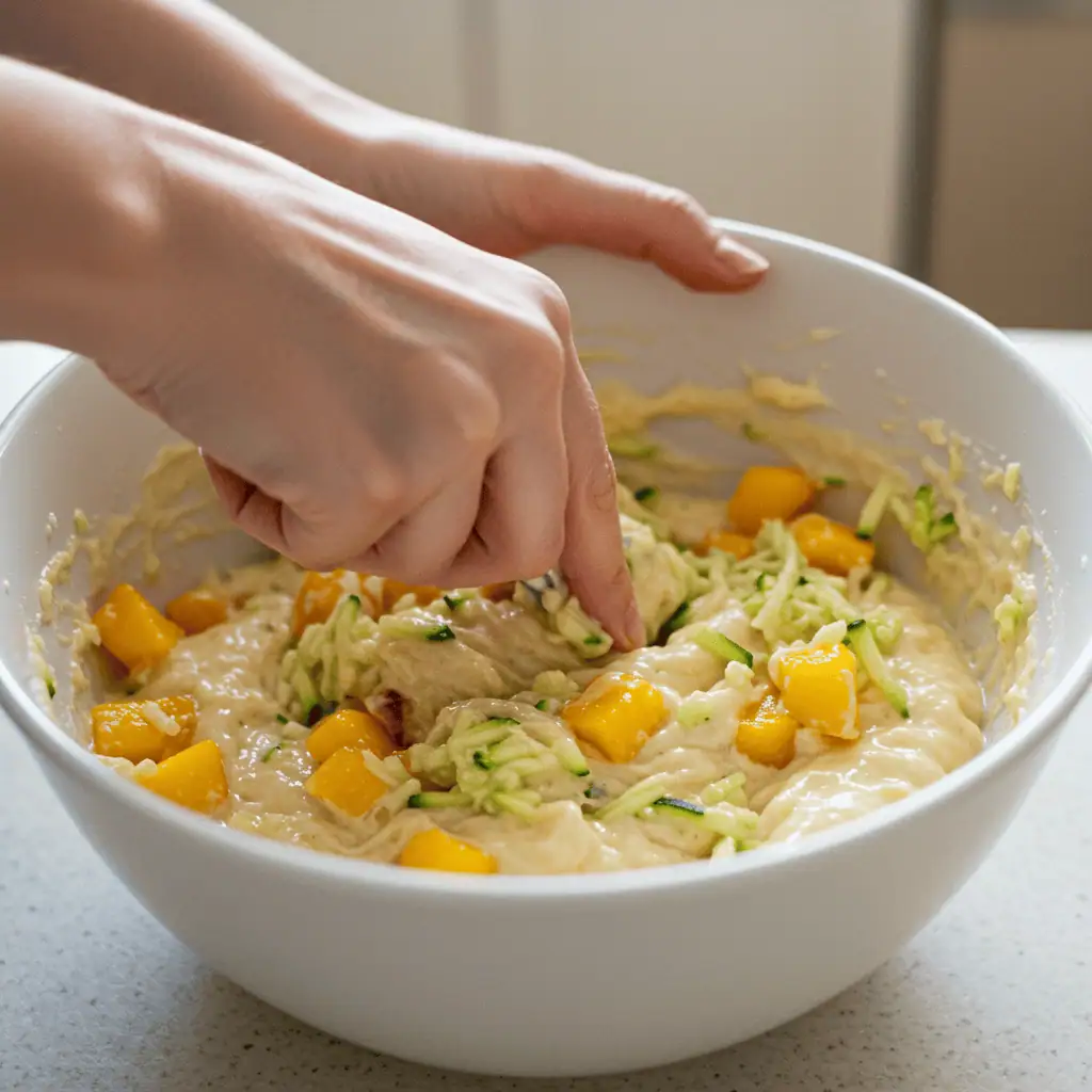 Mixing batter for peach zucchini bread