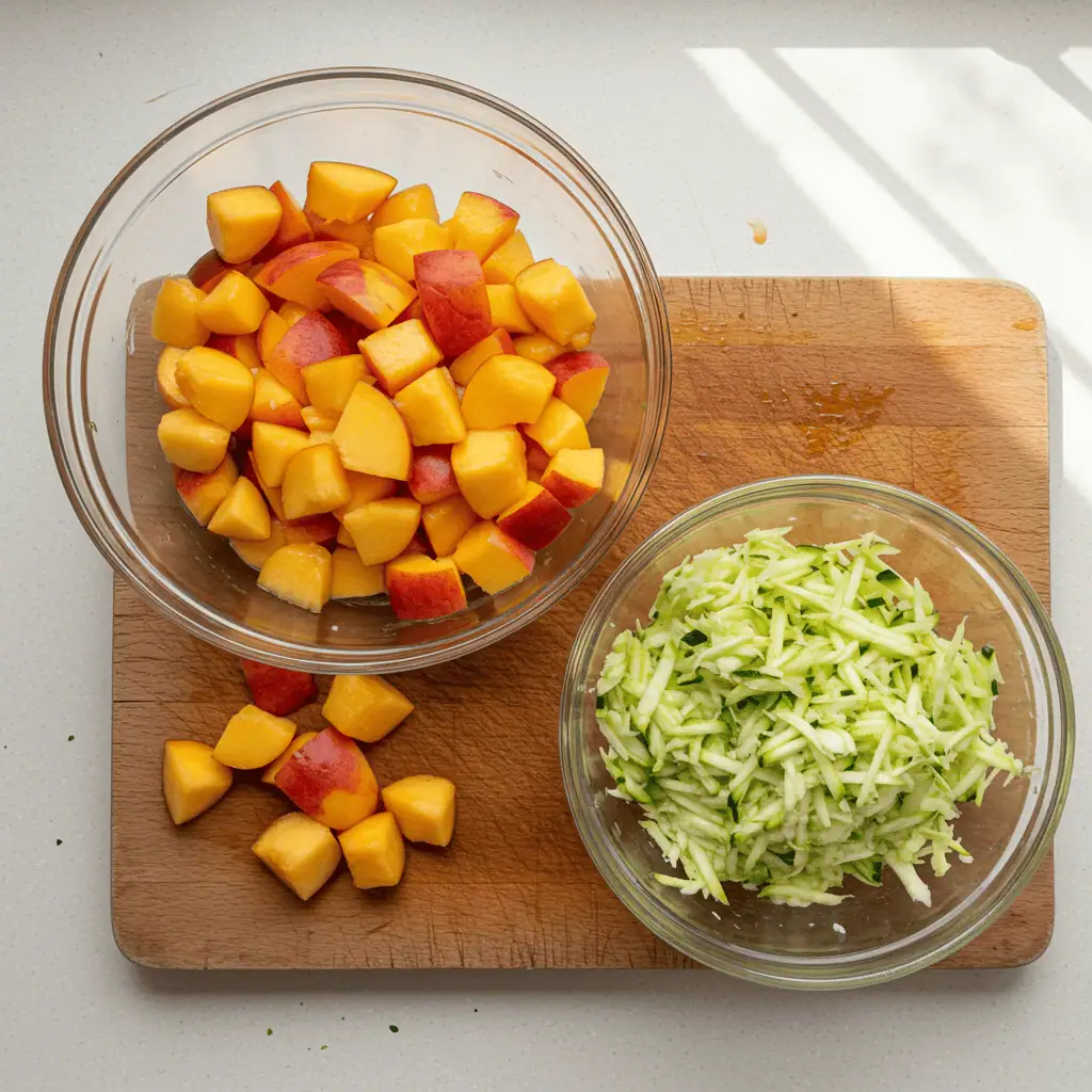 Ingredients for easy peach zucchini bread recipe