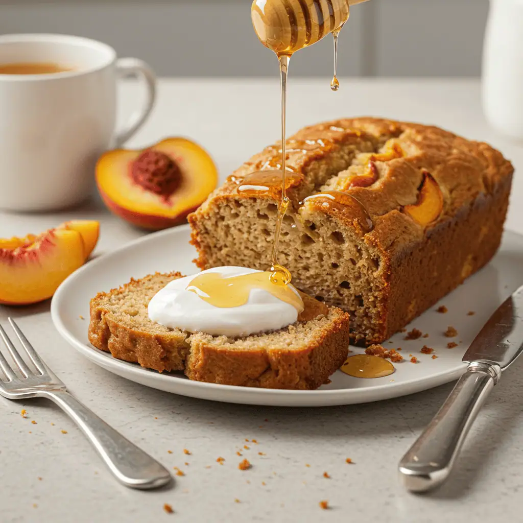 Sliced easy peach zucchini bread served with yogurt